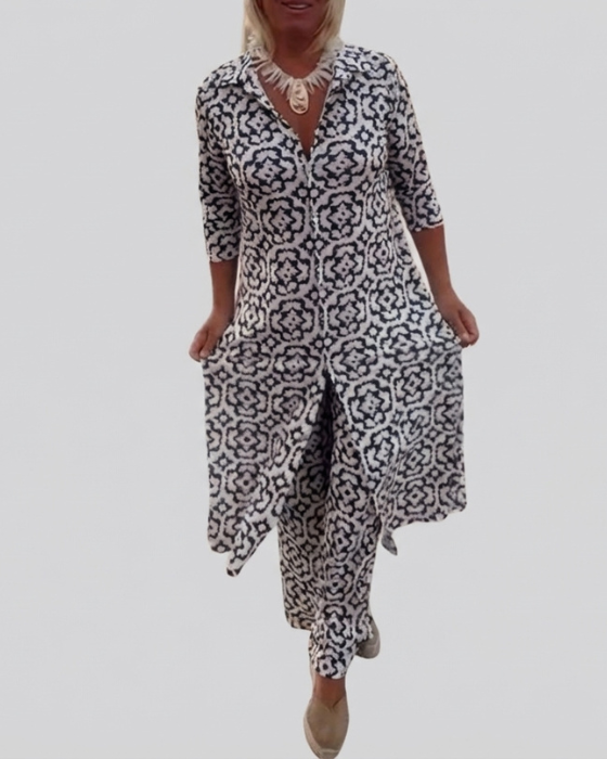 Sara | Conjunto de túnica y pantalón de pierna ancha con estampado geométrico bohemio