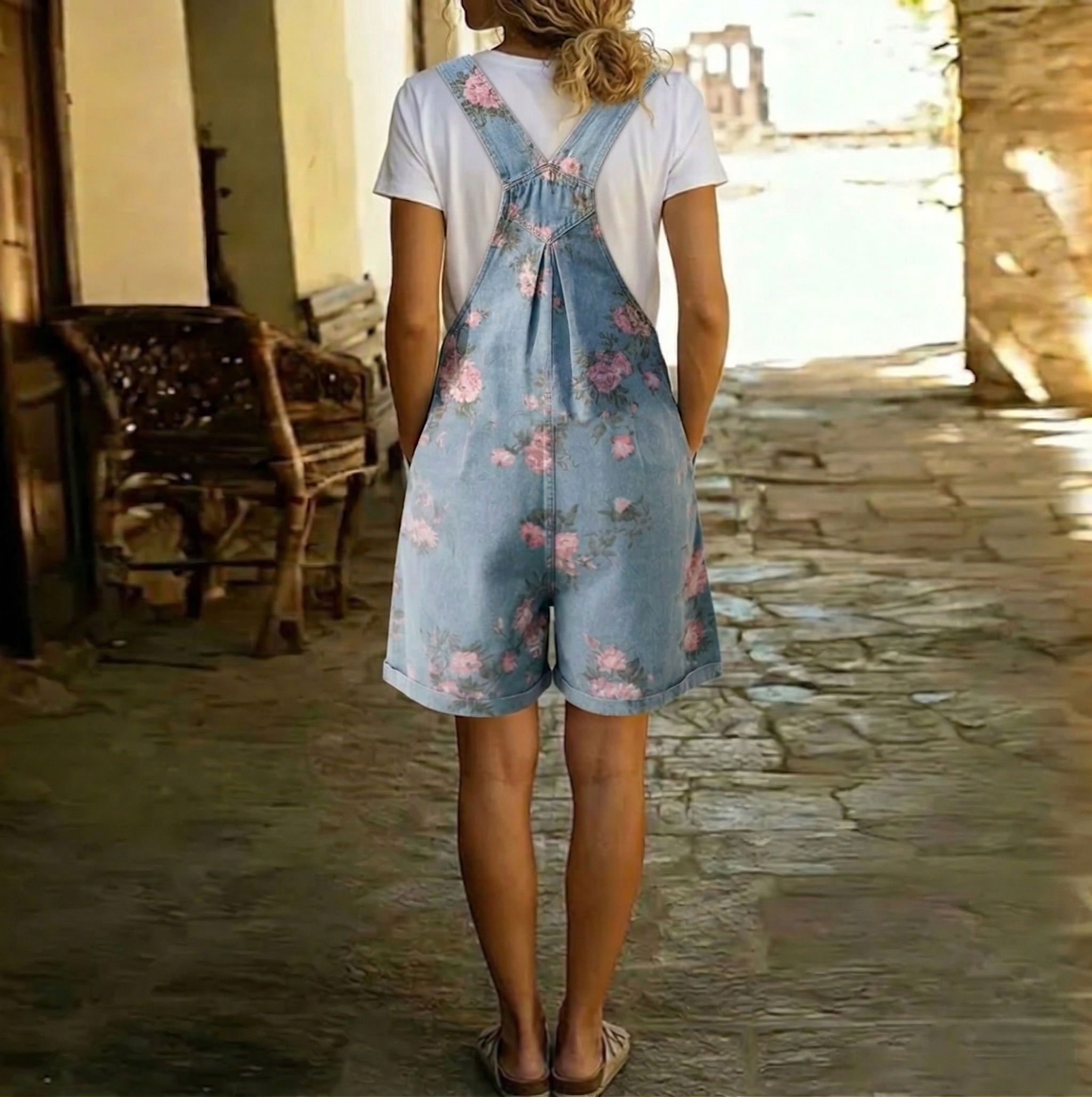 Judy | Chaqueta larga de denim con tacto de algodón suave y lavado vintage, con estampado floral