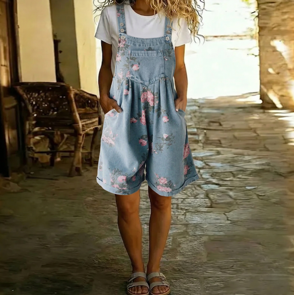 Judy | Chaqueta larga de denim con tacto de algodón suave y lavado vintage, con estampado floral