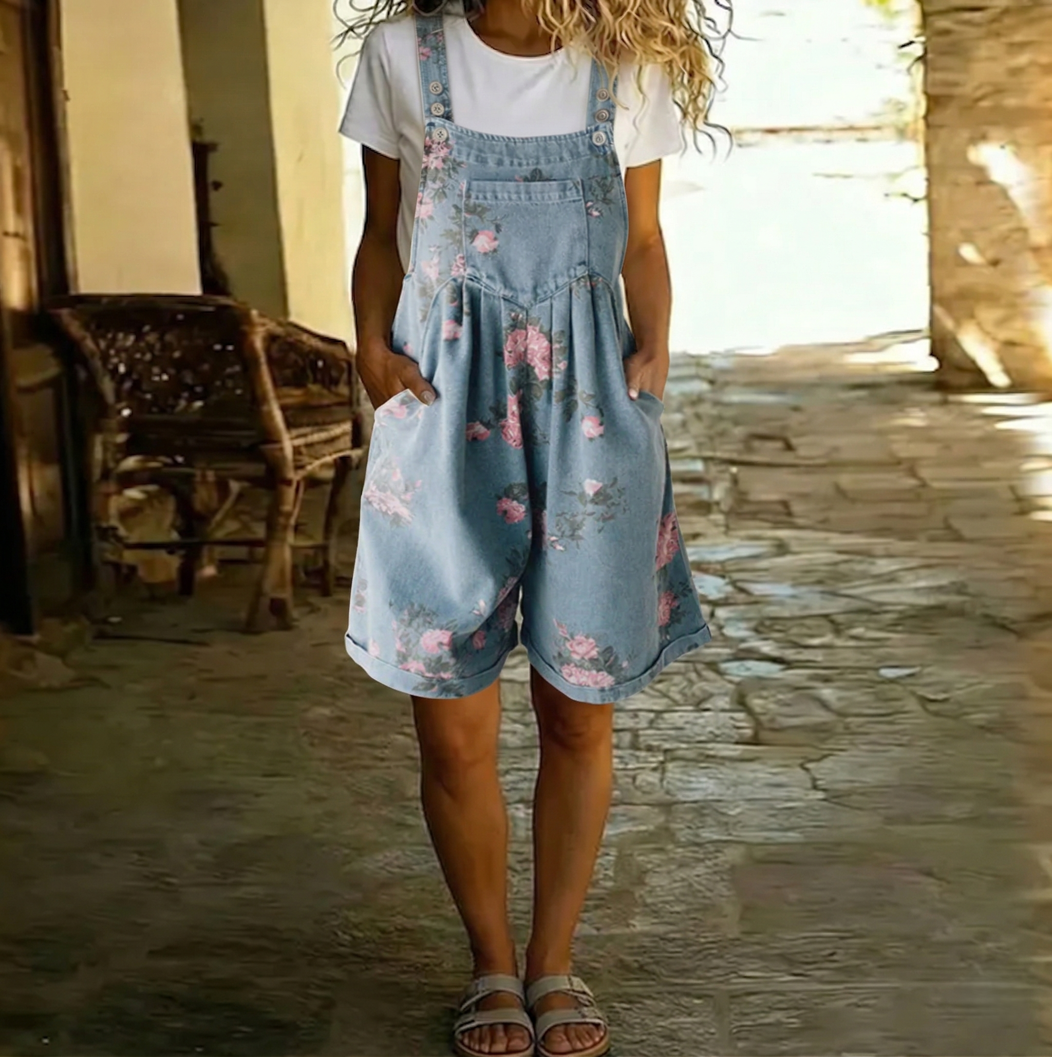 Judy | Chaqueta larga de denim con tacto de algodón suave y lavado vintage, con estampado floral