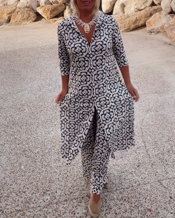 Sara | Conjunto de túnica y pantalón de pierna ancha con estampado geométrico bohemio