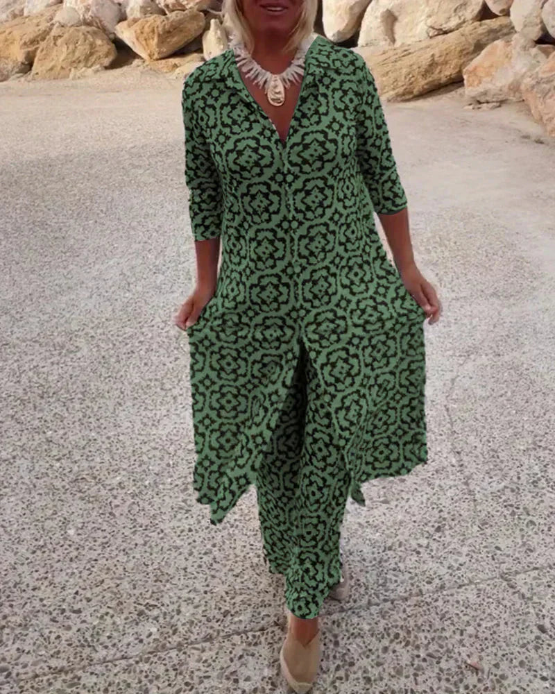 Sara | Conjunto de túnica y pantalón de pierna ancha con estampado geométrico bohemio