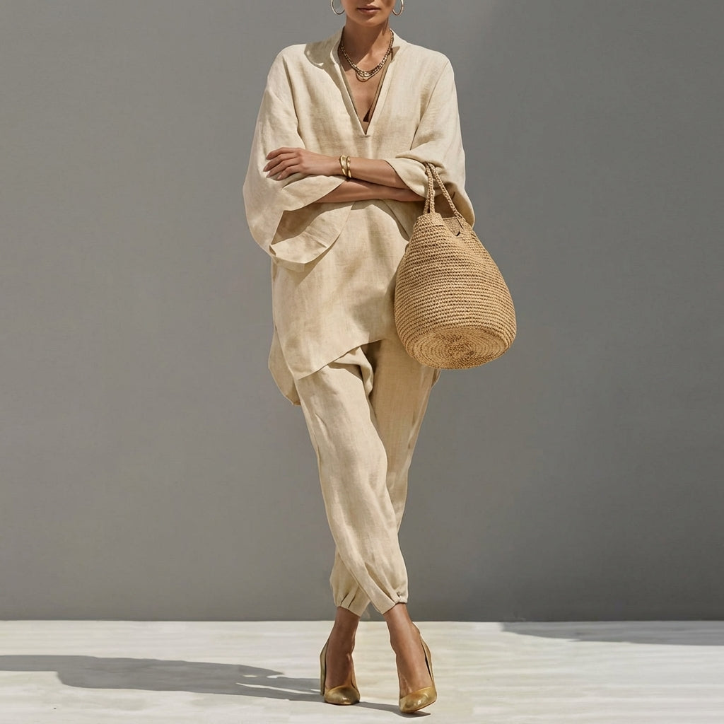 Marina | Conjunto de top holgado con escote en V y pantalón de pierna ancha