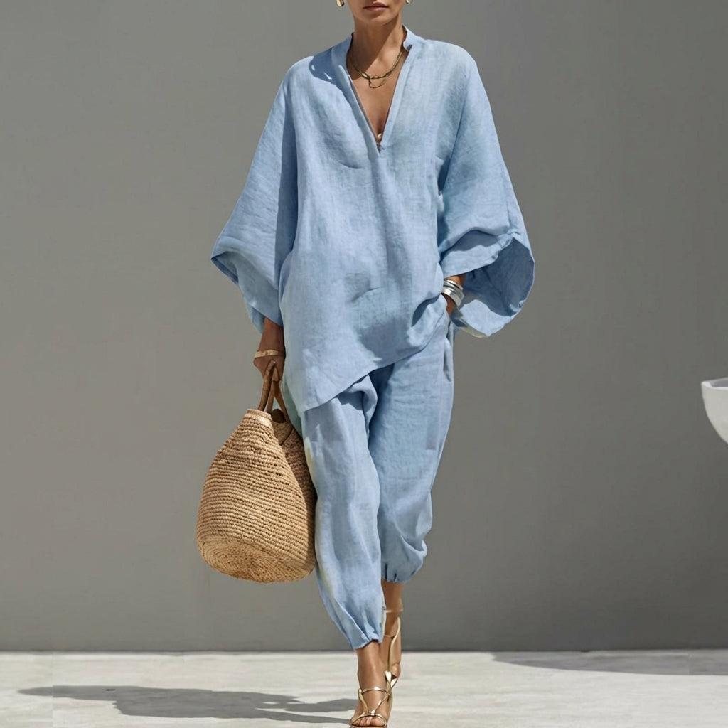 Marina | Conjunto de top holgado con escote en V y pantalón de pierna ancha