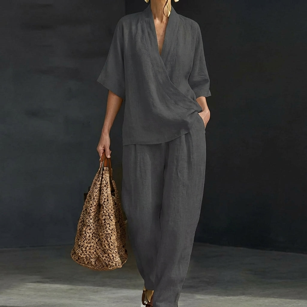 Dolores | Conjunto de top Henley holgado y pantalón de pierna ancha