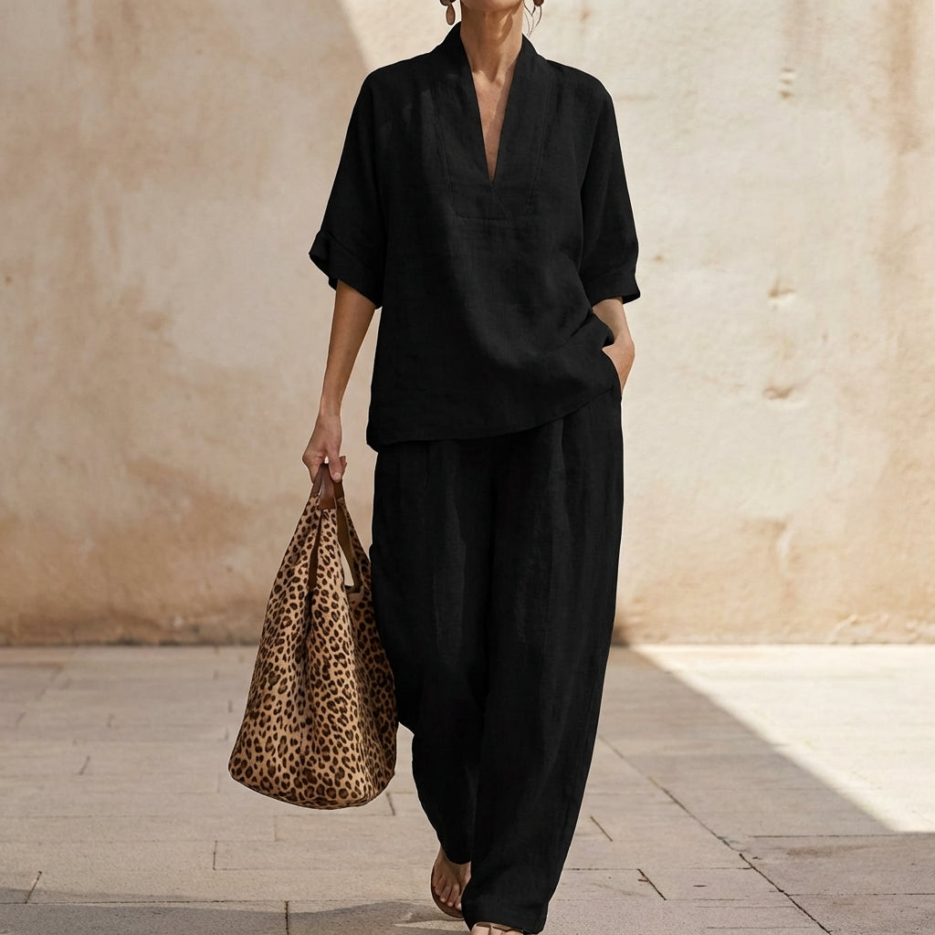 Dolores | Conjunto de top Henley holgado y pantalón de pierna ancha