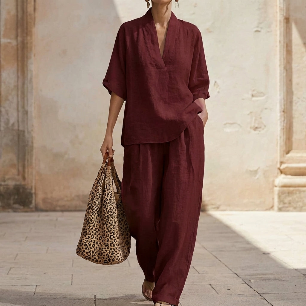 Dolores | Conjunto de top Henley holgado y pantalón de pierna ancha