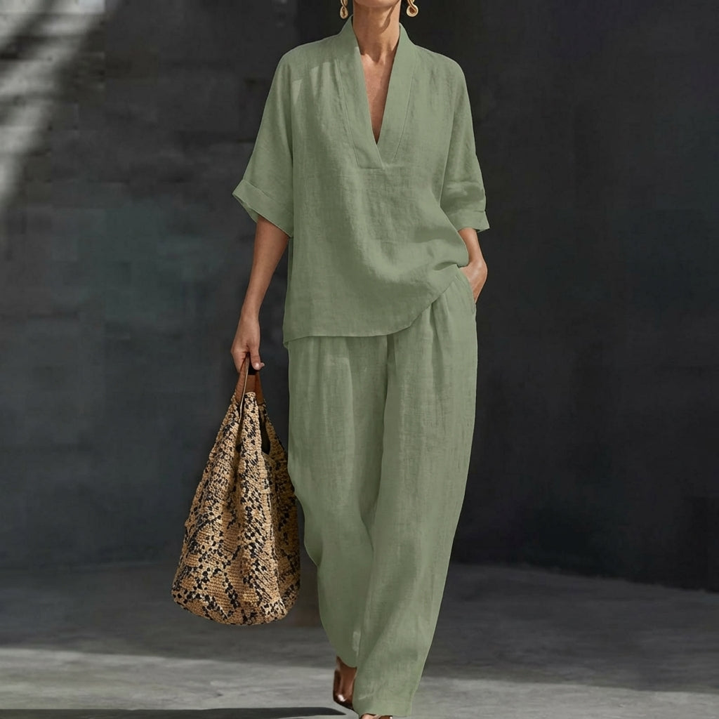 Dolores | Conjunto de top Henley holgado y pantalón de pierna ancha