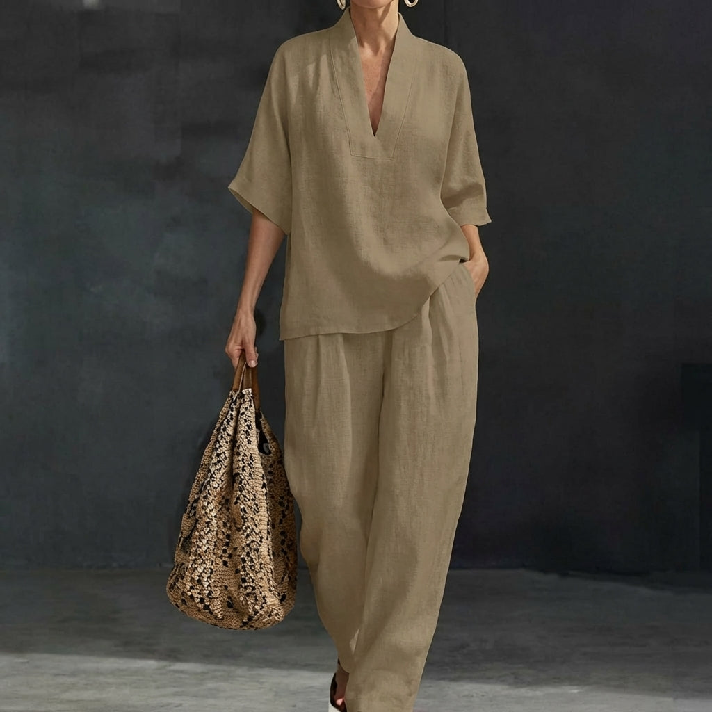 Dolores | Conjunto de top Henley holgado y pantalón de pierna ancha