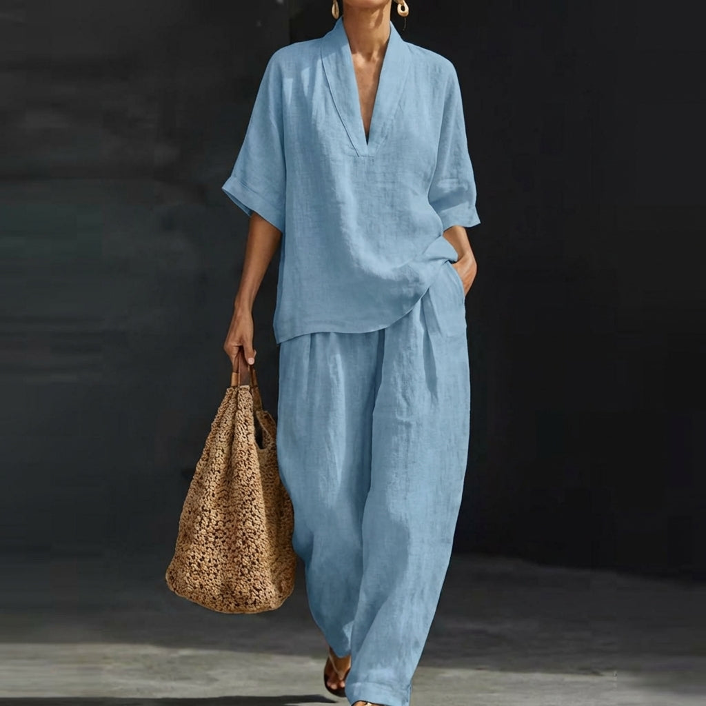 Dolores | Conjunto de top Henley holgado y pantalón de pierna ancha