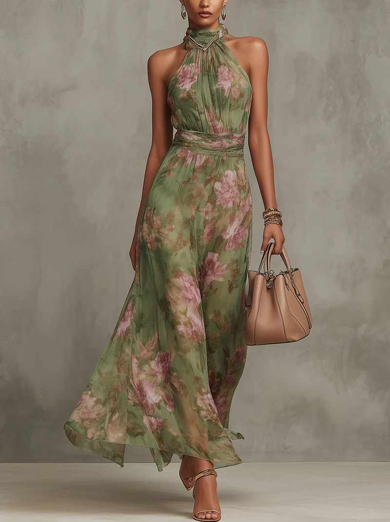Livia | Vestido largo de estampado floral con cuello halter