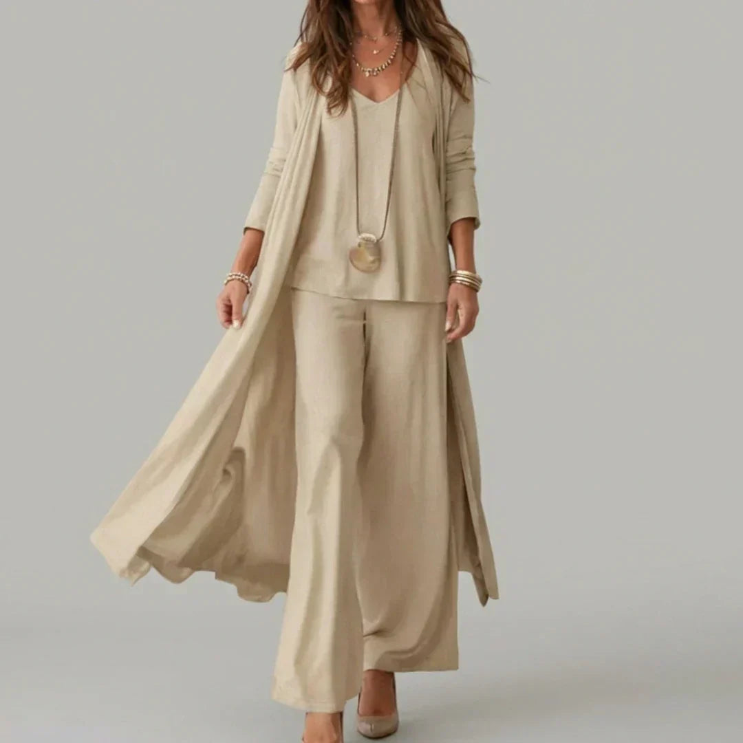 Raquel | Conjunto de tres piezas suave con túnica y pantalón de pierna ancha