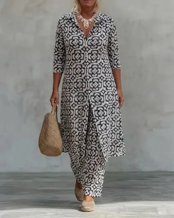 Sara | Conjunto de túnica y pantalón de pierna ancha con estampado geométrico bohemio