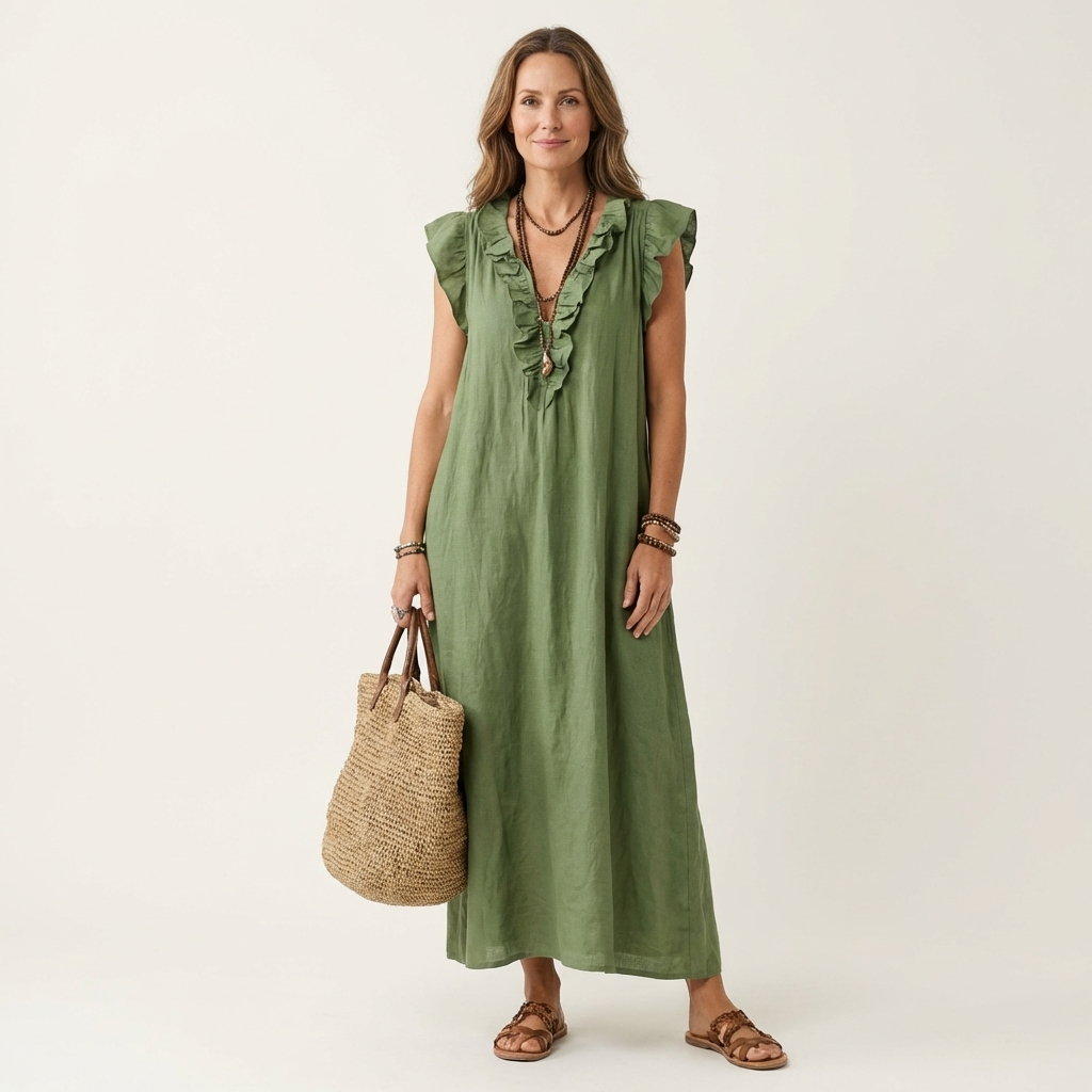 María | Vestido largo con cuello en V y volantes