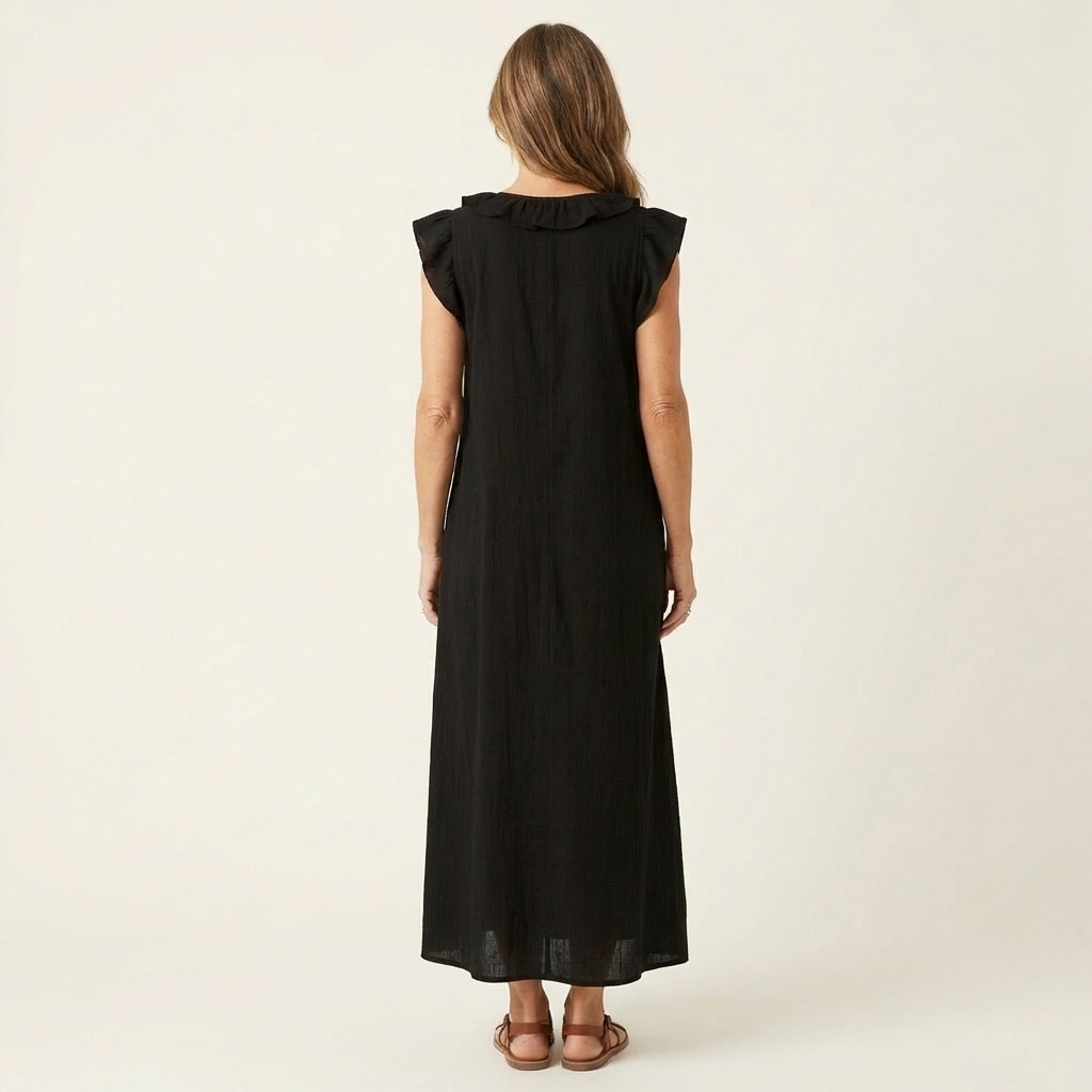 María | Vestido largo con cuello en V y volantes