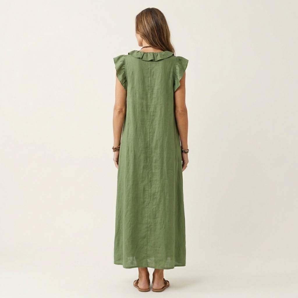 María | Vestido largo con cuello en V y volantes