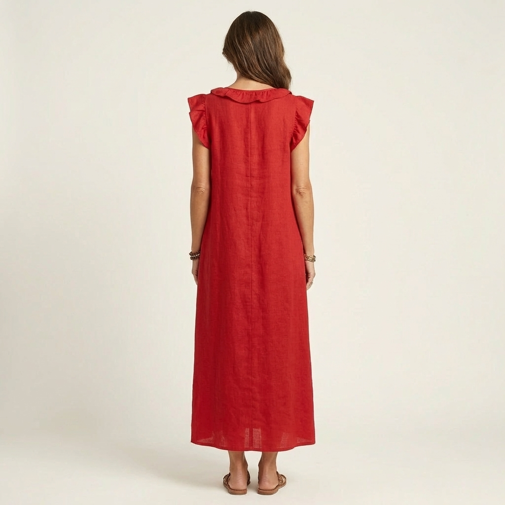 María | Vestido largo con cuello en V y volantes