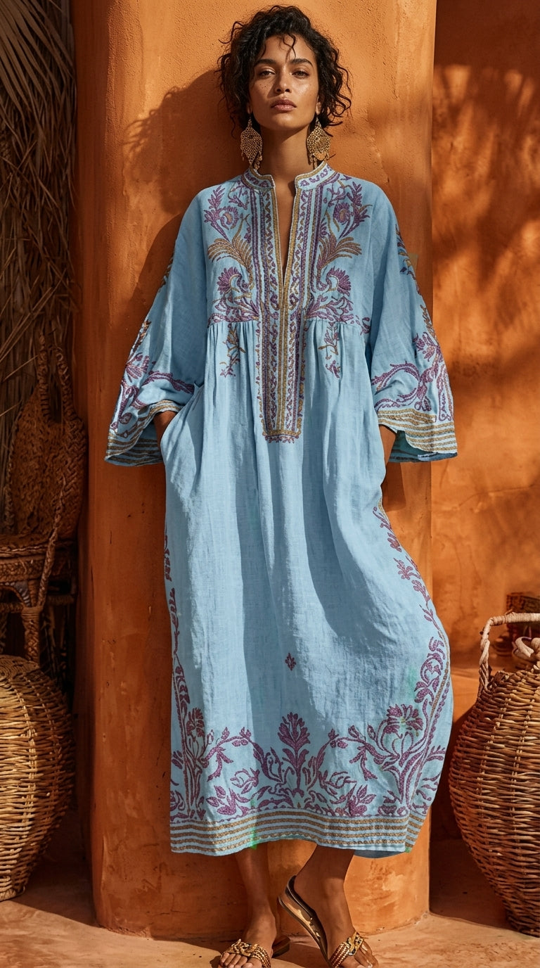 Celestina | Vestido boho bordado con un encanto mediterráneo azul