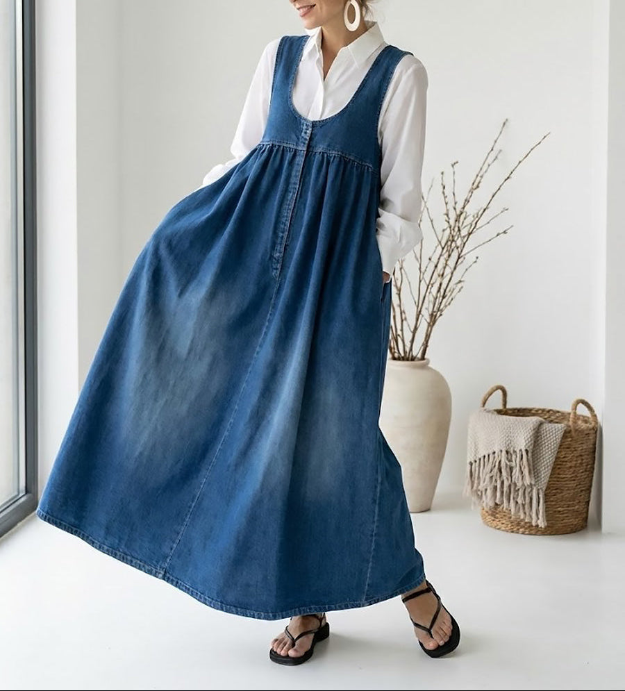 Karen | Vestido largo de denim con tacto de algodón suave y lavado vintage