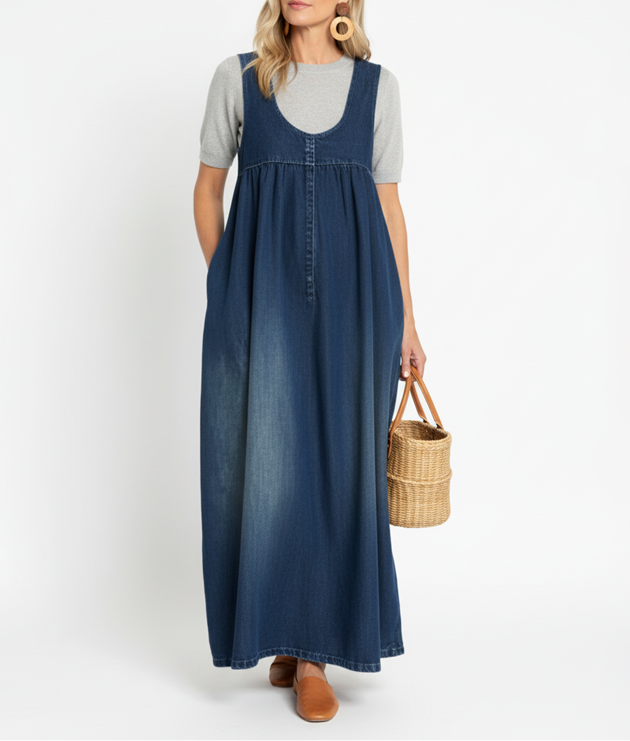 Karen | Vestido largo de denim con tacto de algodón suave y lavado vintage